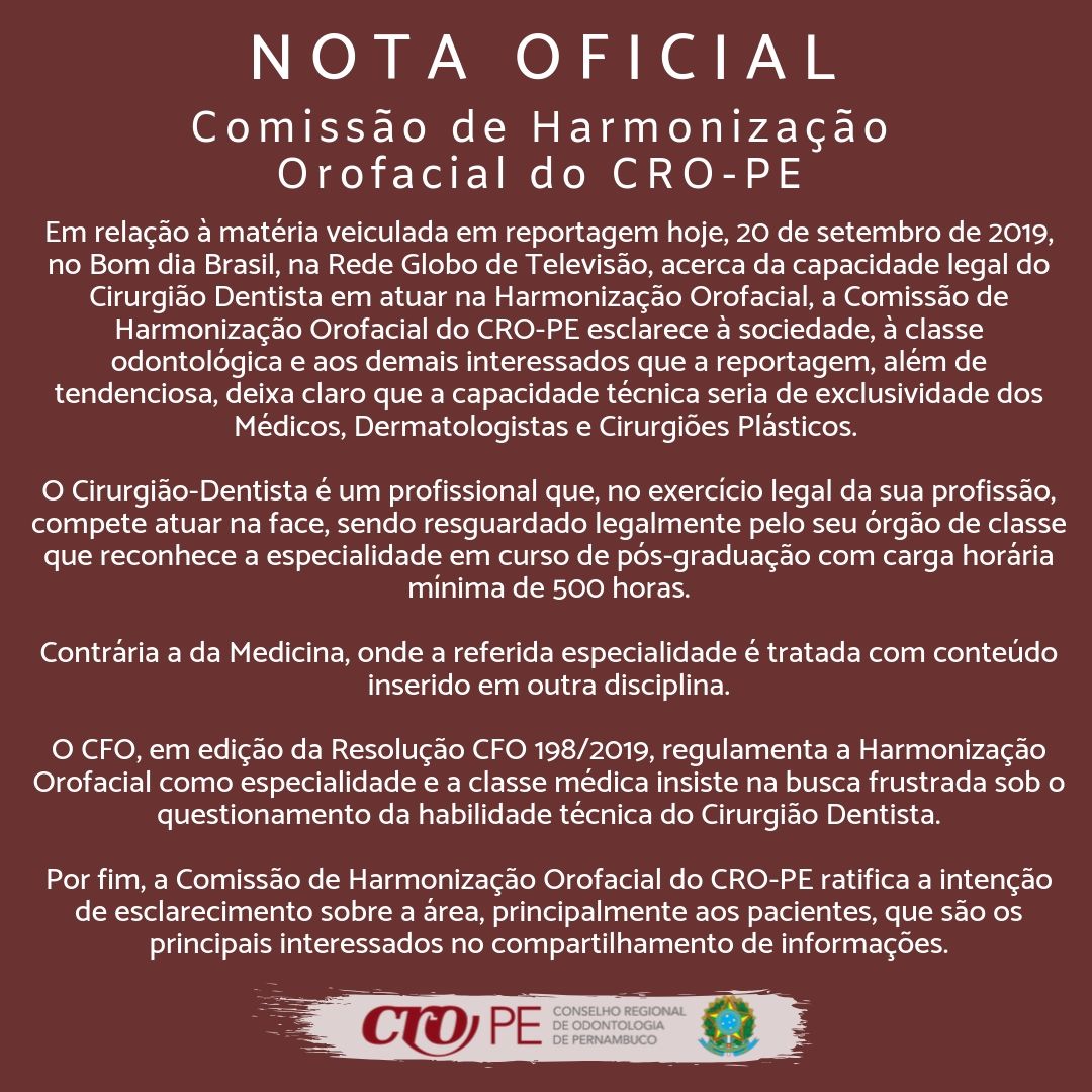 NOTA OFICIAL - Comissão de Harmonização Orofacial do CRO-PE - Bom dia Brasil  | CRO-PE